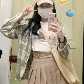 美式复古格子衬衫外套女春秋季纯棉宽松开衫外搭外穿长袖上衣