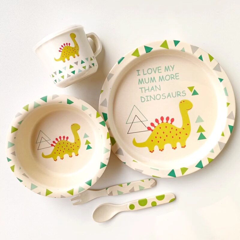 Shanshui Yao Dinosaur Bamboo Fiber Children's Round Plate Dinner Plate Soup Bowl Fork Spoon Cup Baby Food Supplement Tableware Western Plate