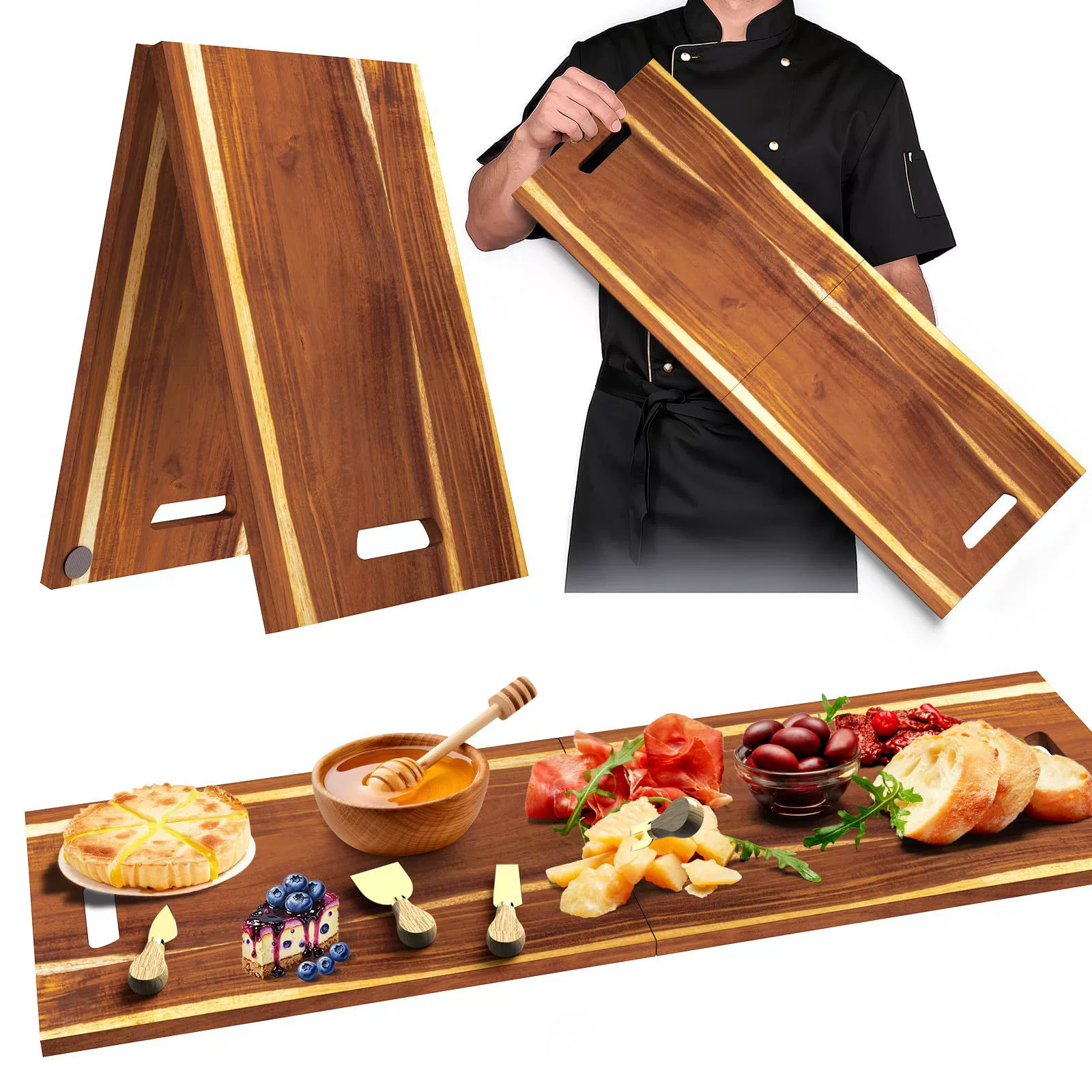 Деревянная обеденная тарелка, складная доска для деликатесов с ручкой, сервировочная тарелка, портативная уличная декоративная тарелка для фруктов и овощей.