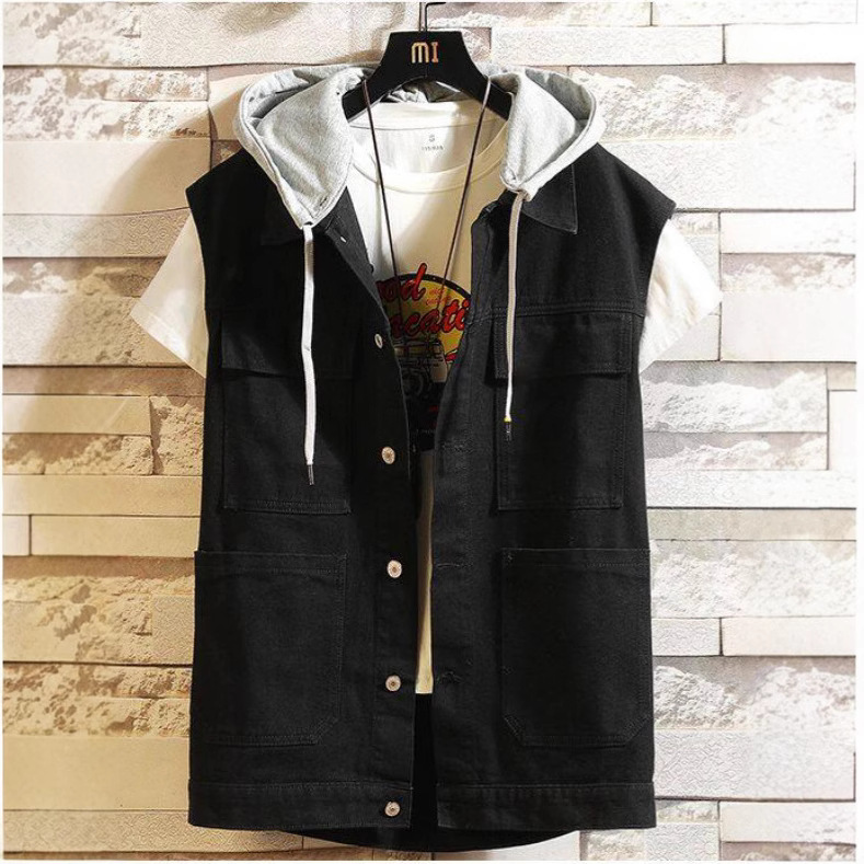 Spring and Autumn Men's Loose Lapel Hooded Denim Vest Japanese Workwear Waistoutwear Jacket Large Size Men's Jacket Top Spring and Autumn Men's Loose Lapel Hooded Denim Vest Japanese Workwear Waistoutwear Jacket Large Size Men's Jacket Top