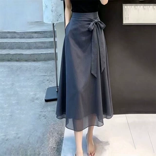 轻熟通勤风深灰色系带半身裙女2026夏季新款气质高腰显瘦A字长裙