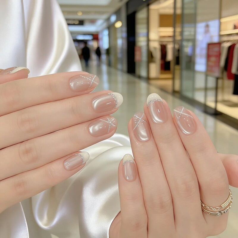 Yuanxi Silver Series Pure Handmade Wearable Nails Cat Eye Nude Color Whitening Pure Desire High-End Long Style Premium Nail Art Pieces Wholesale Yuanxi Silver Series Pure Handmade Wearable Nails Cat Eye Nude Color Whitening Pure Desire High-End Long Style Premium Nail Art Pieces Wholesale