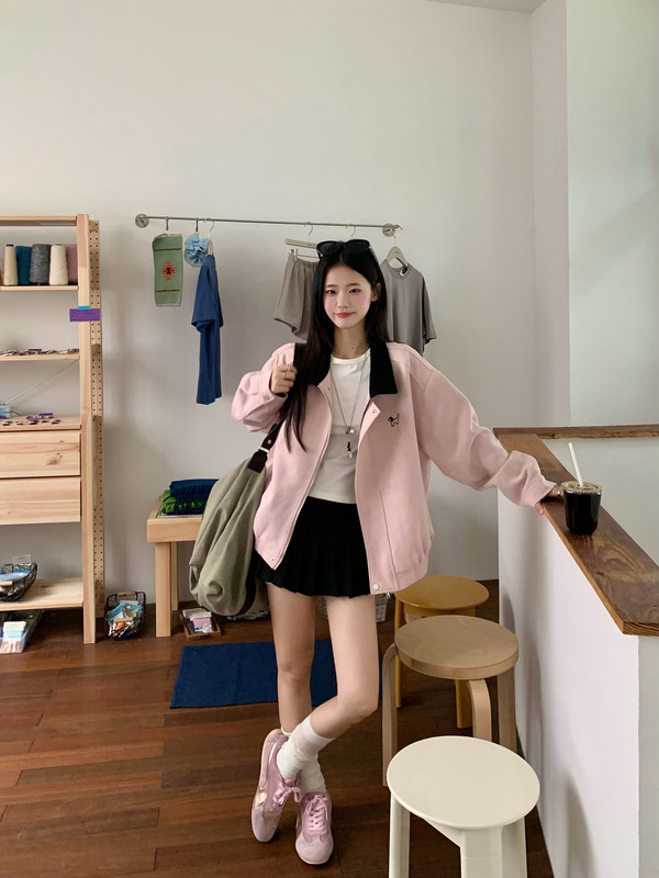 小仙倪子少女感休闲外套女秋流行粉色翻领爆款撞色夹克小个子上衣|undefined