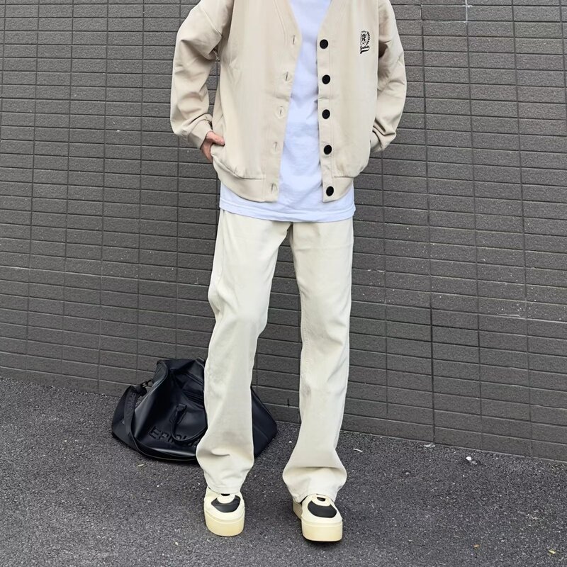 American high street washed creamy-white straight skinny jeans men's all-match casual style slim-fit slimming wide-leg pants