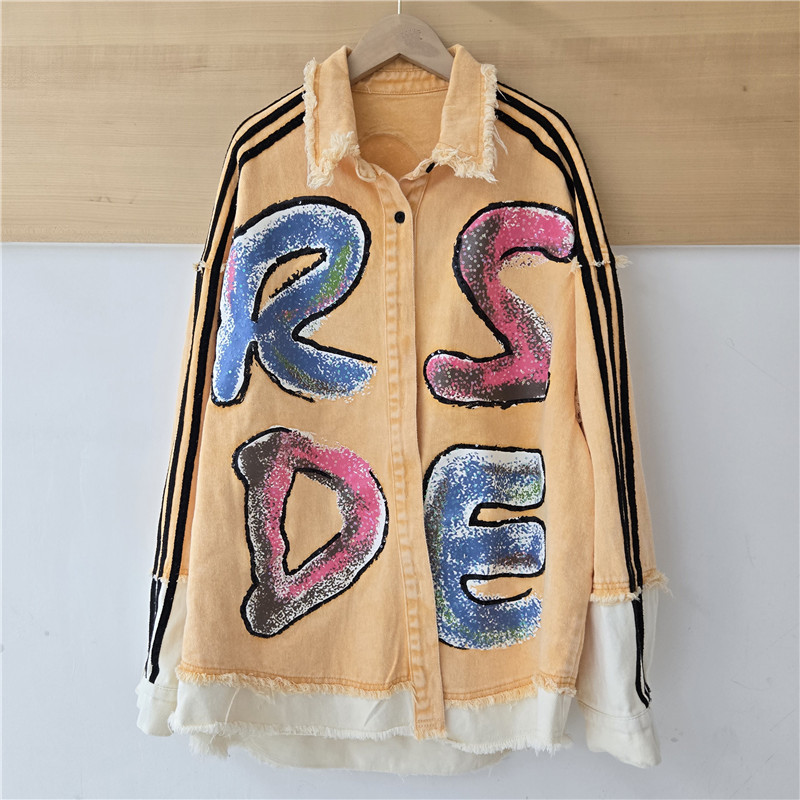 Marca de marea europea de la industria pesada empalme de contraste de color lavado de dibujos animados letras de impresión de diseño suelta gran camisa chaqueta de marea