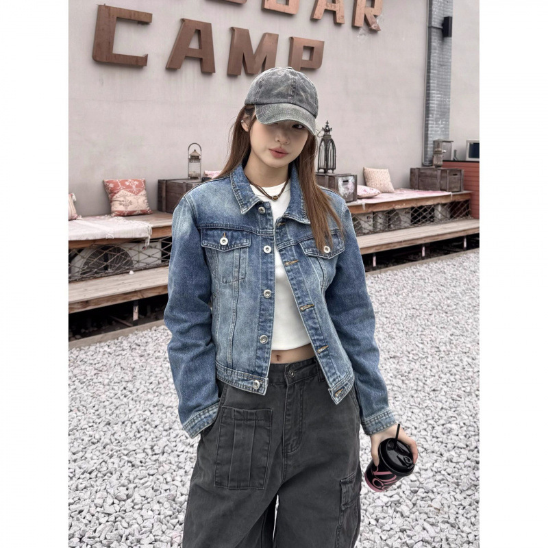 American-Style Washed Vintage Short Denim Jacket, New Versatile Turn-Down Collar Loose Petite Jacket Top for Women in Spring and Autumn American-Style Washed Vintage Short Denim Jacket, New Versatile Turn-Down Collar Loose Petite Jacket Top for Women in Spring and Autumn
