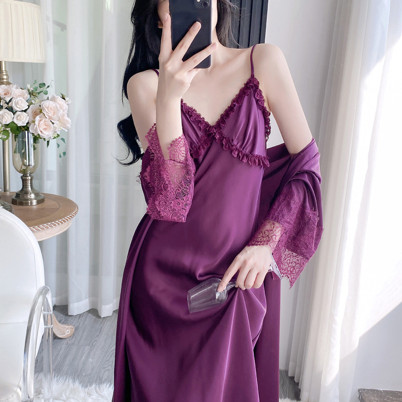 Wholesale Long Skirt Pajamas Lace Women's Spring New Suspender Nightgown Plus Long Nightgown Two-Piece Suit Sexy Ice Silk