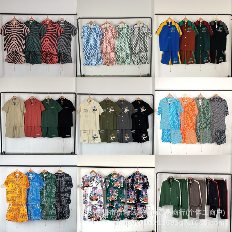 European and American Summer Rhude Collaboration Collared Short-Sleeve Shirt, Shorts, Long Pants with Letter Print, Unisex Trendy American Retro Style