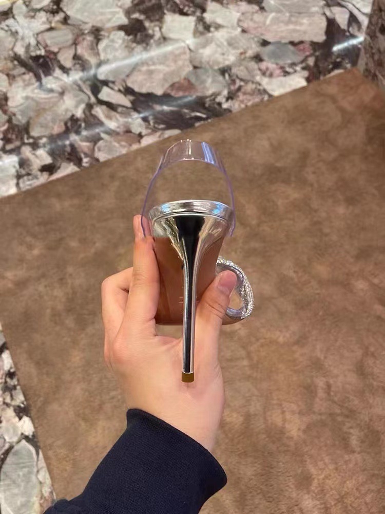 Silver Rhinestone High Heels Transparent Stiletto Mules Closed Toe Crystal Wedding Shoes Versatile Women's Sandals_voghion.com