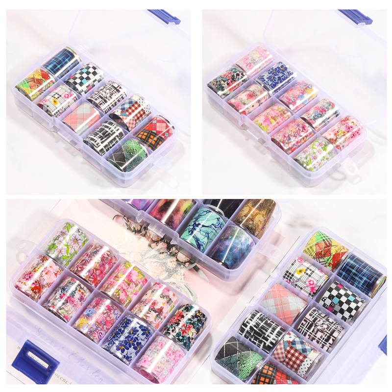 Transfronterizo nuevo arte de uñas transferencia cielo estrellado papel Plaid flor Patrón de cielo estrellado DIY colorido Aurora arte de uñas cielo estrellado papel