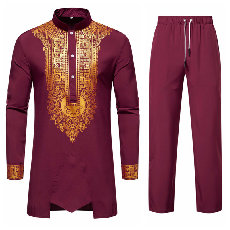 Autumn and Winter Amazon Foreign Trade New Men's Ethnic Style Robe Set with Gold-Printed Shirt Casual Suit