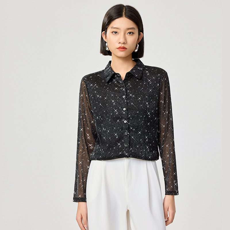 High Quality Printed Long-Sleeved Shirt for Women 2025 Spring and Summer New Mesh Elastic Star Slim Shirt 1300782 High Quality Printed Long-Sleeved Shirt for Women 2025 Spring and Summer New Mesh Elastic Star Slim Shirt 1300782