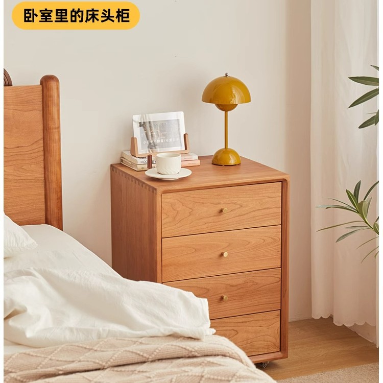 Solid Wood File Cabinet Removable Storage Four Drawer Cabinet with Lock under Desk Drawer Cabinet Study Room Bedside Table with Wheels