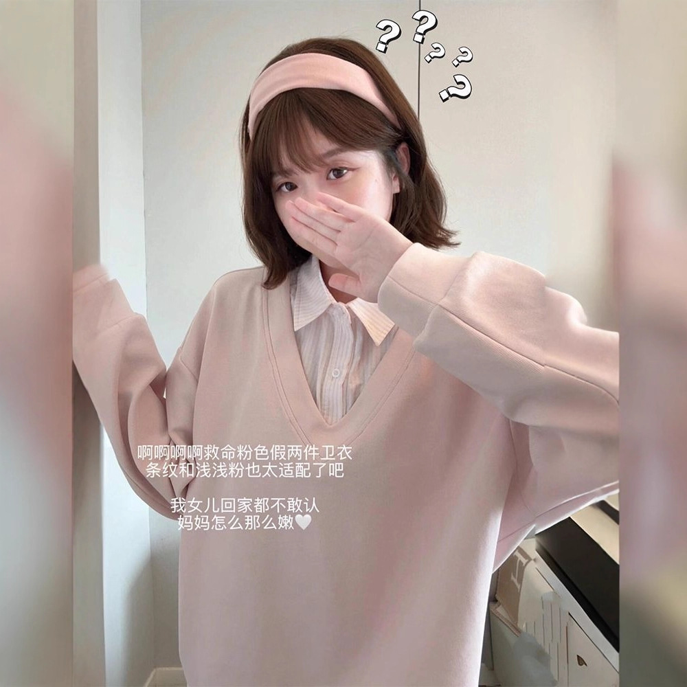 假两件长袖设计感卫衣粉色甜美学院风POLO衫领慵懒超好看上衣秋装