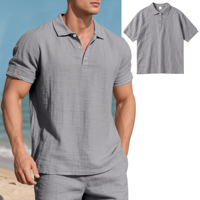 Transfronterizo europeo y americano verano hombres estilo británico tendencia suelta lino transpirable casual solapa hebilla camisa POLO manga corta