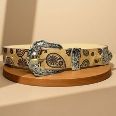 欧美风辣妹日常棕色纹理小众针扣腰带复古印花图案高级感皮带配饰
