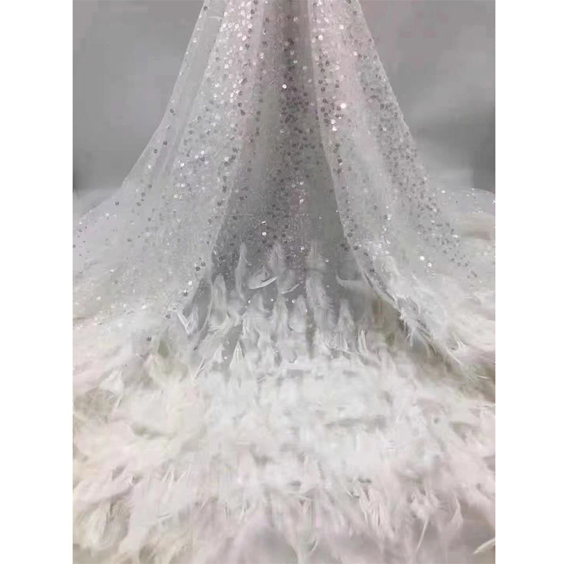 Vestido de lentejuelas con fino estampado floral, estilo europeo y americano, vestido de lentejuelas azules con bordado de plumas, tela con bordado tridimensional.