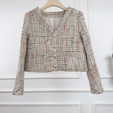 2025秋冬季新款小香风彩格粗花呢短外套单排金扣V领长袖名媛上衣