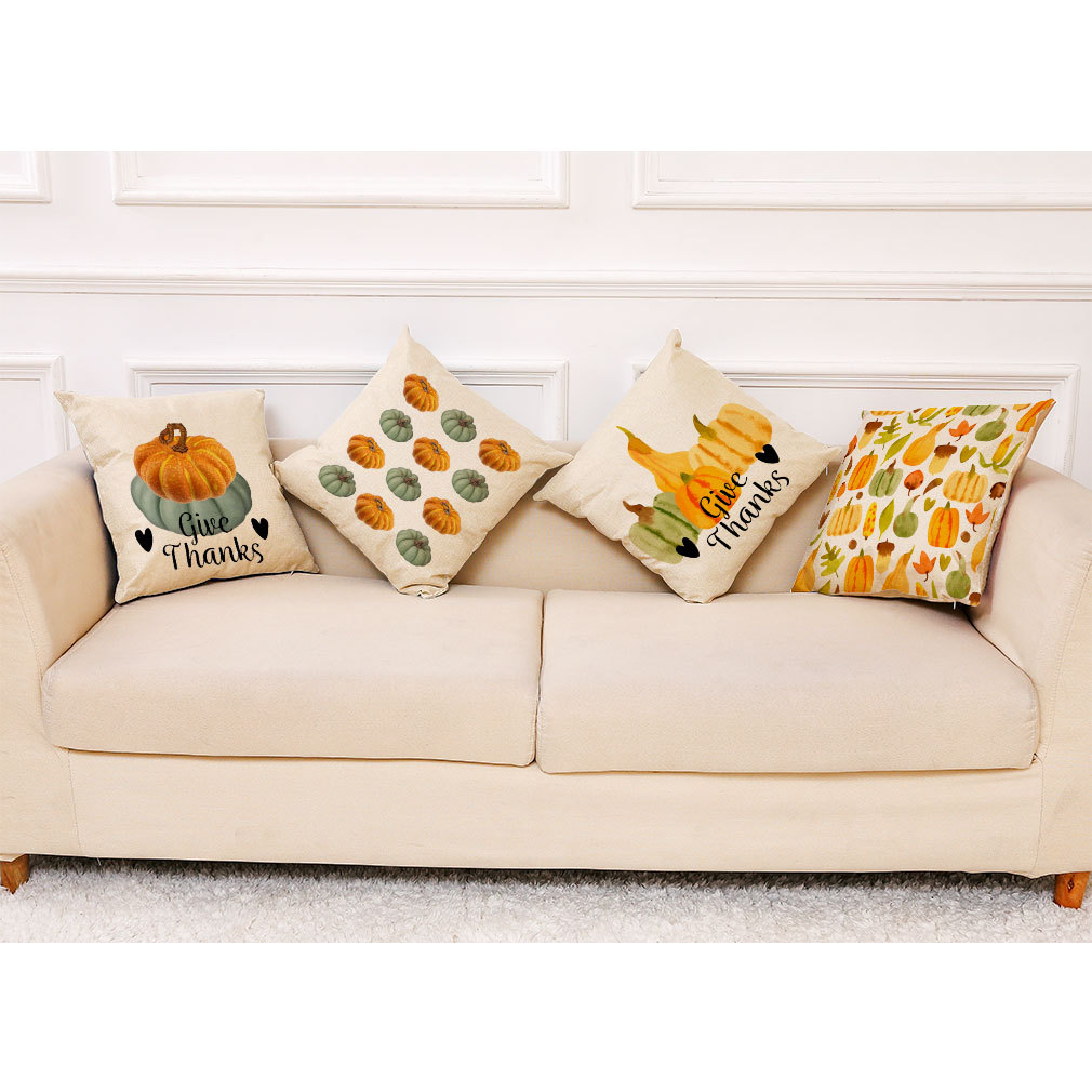 亚马逊家居感恩节抱枕套来图定制秋天落叶南瓜亚麻靠垫靠枕腰枕套