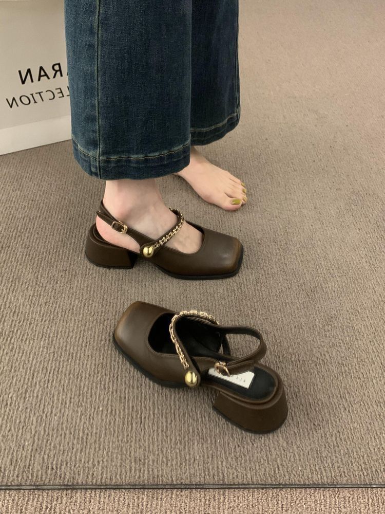 British Style Baotou Sandals Women's Thick Heel High Heels 2024 Summer New Square Head Mary Jane Shoes Small Leather Shoes