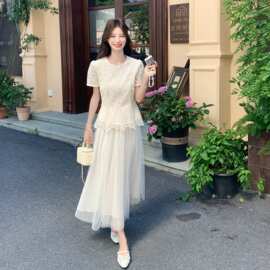 2026夏温柔千金风镶边蕾丝短袖多层网纱半身长裙氛围感仙女两件套