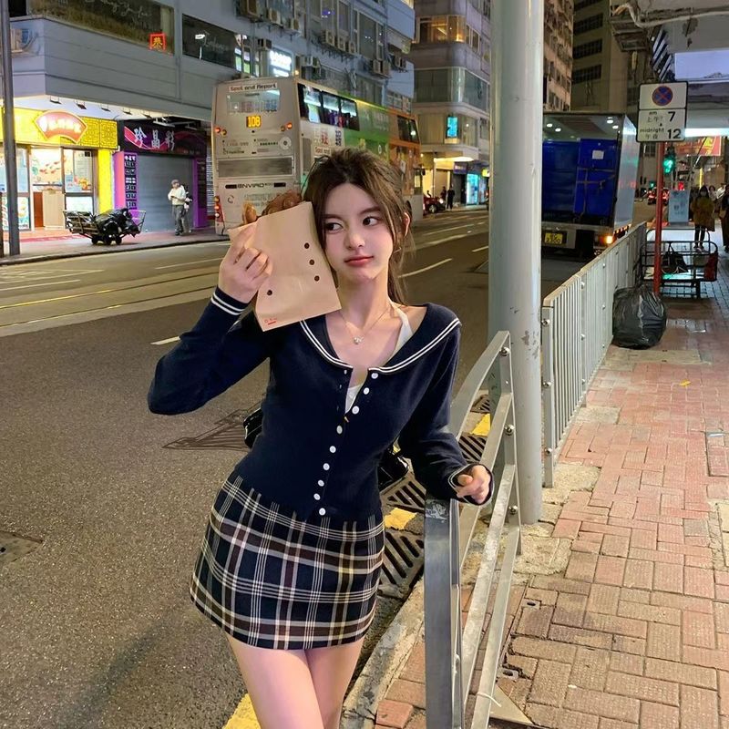 海军领针织开衫女初秋早秋季小香风显瘦翻领毛衣外套上衣春秋|undefined