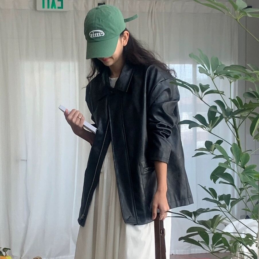 Hong Kong Style Korean Retro High-End Loose Motorcycle Leather Jacket Women's 2024 New American Versatile Top Jacket