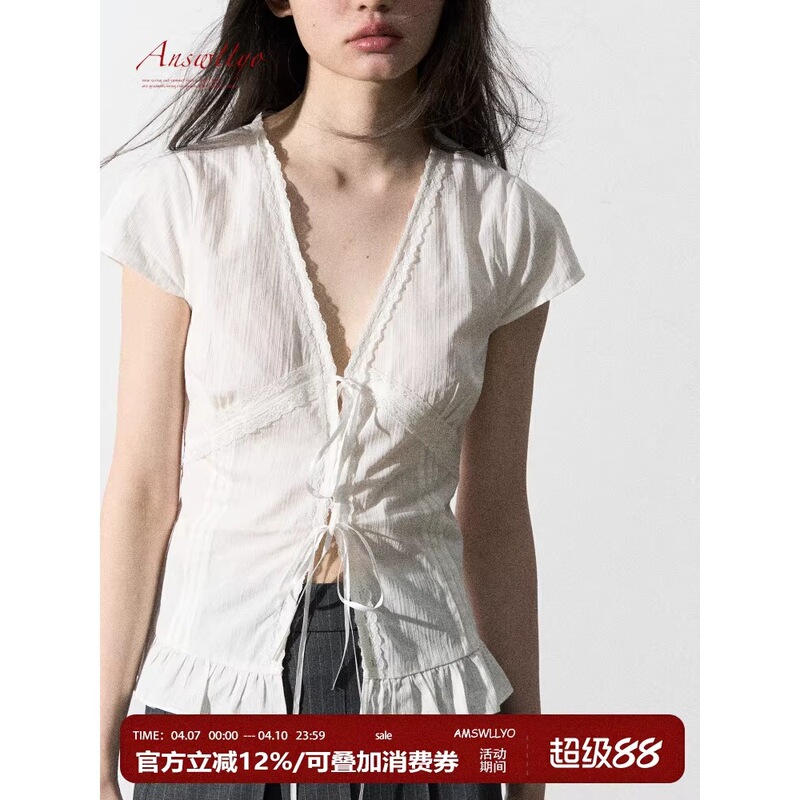 Answllyo**Designed Lace-Trimmed Pure-Textured White Shirt with Slim Fit, Tie-Up Bow, and Short Sleeves Answllyo**Designed Lace-Trimmed Pure-Textured White Shirt with Slim Fit, Tie-Up Bow, and Short Sleeves