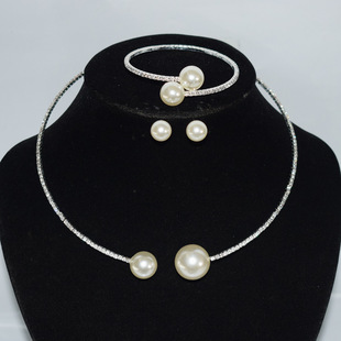 Amazon Bridal Pearl Rhinestone Collar Accessories suit Imitation Pearl Diamond Bracelet Earrings Necklace Cross-border Explosions
