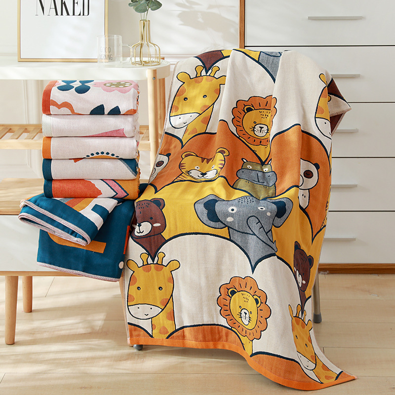 Manufacturer Wholesale New Four-Layer Gauze Bath Towel Cartoon Cotton Household Adult Bath Towel Absorbent Beach Towel Super Soft