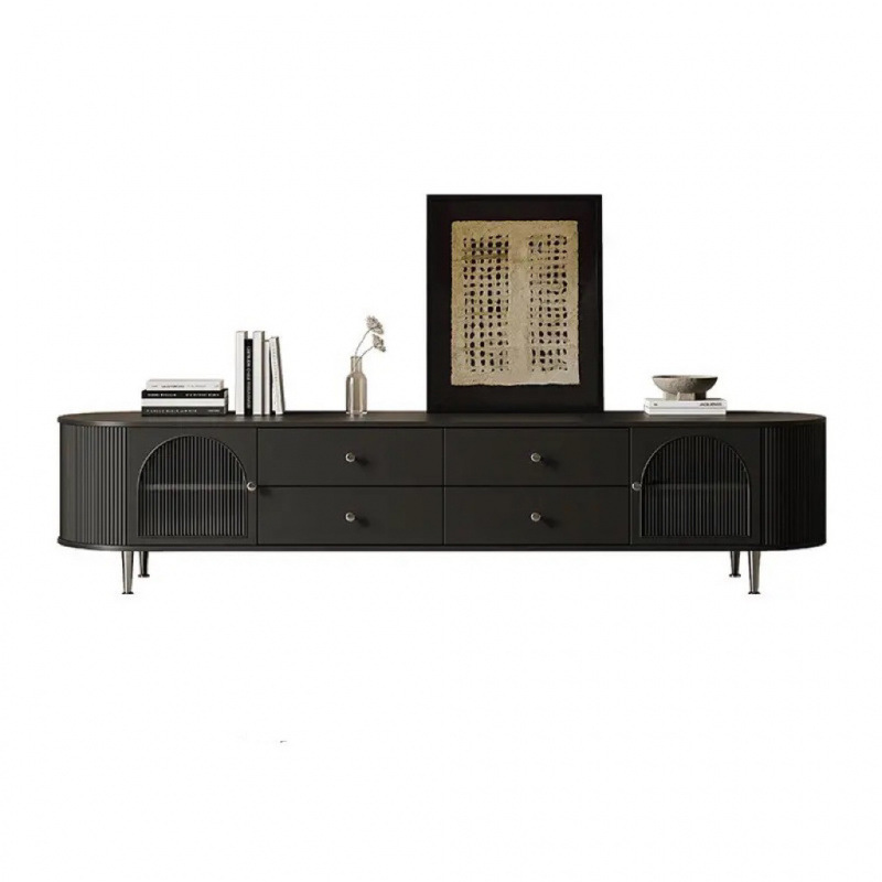 Mueble de TV de madera maciza estilo francés de mediados de siglo, mueble de TV moderno minimalista de lujo ligero en color negro para sala de estar, mueble de TV estilo crema, nuevo modelo de mueble de suelo.
