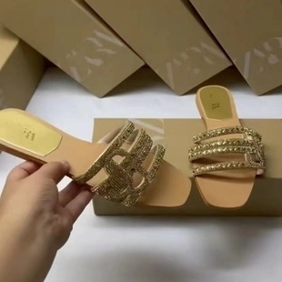Zar New One-Line Women's Slippers European and American Sandals Sandals2024 Classy Pressed Rhinestone Hot Style