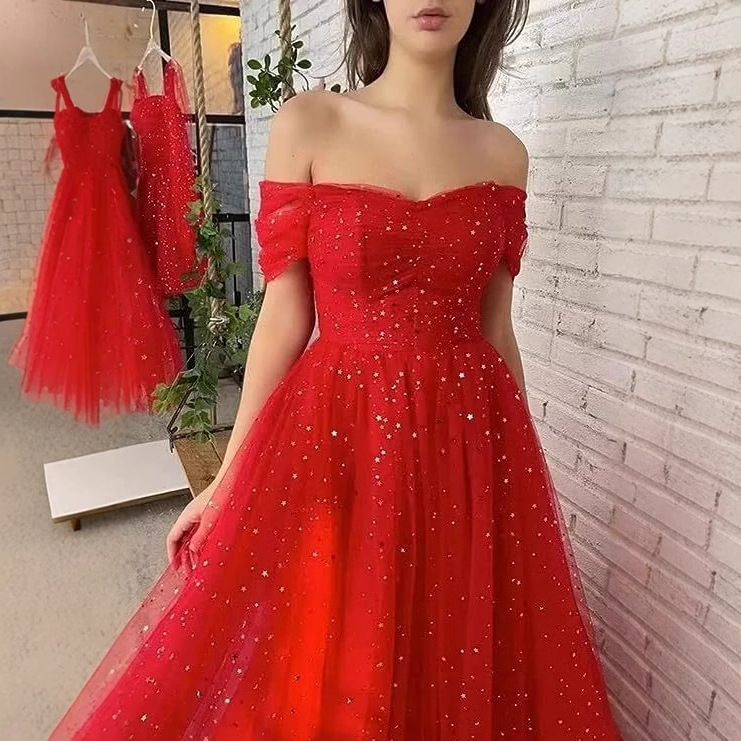 Vestido de noche para mujer, nuevo estilo de verano 2026, vestido de tul color borgoña con hombros descubiertos, estilo hada, cielo estrellado, para actuación de coro.