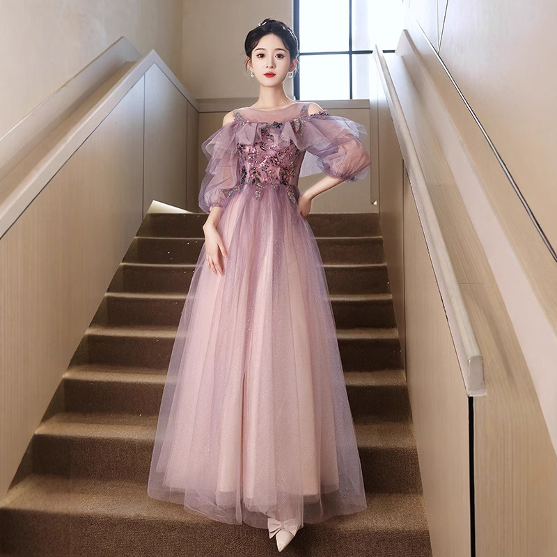 Host's Adult Vocal Performance Evening Gown, Light Luxury Purple Engagement Summer Long-Sleeve Toast Dress