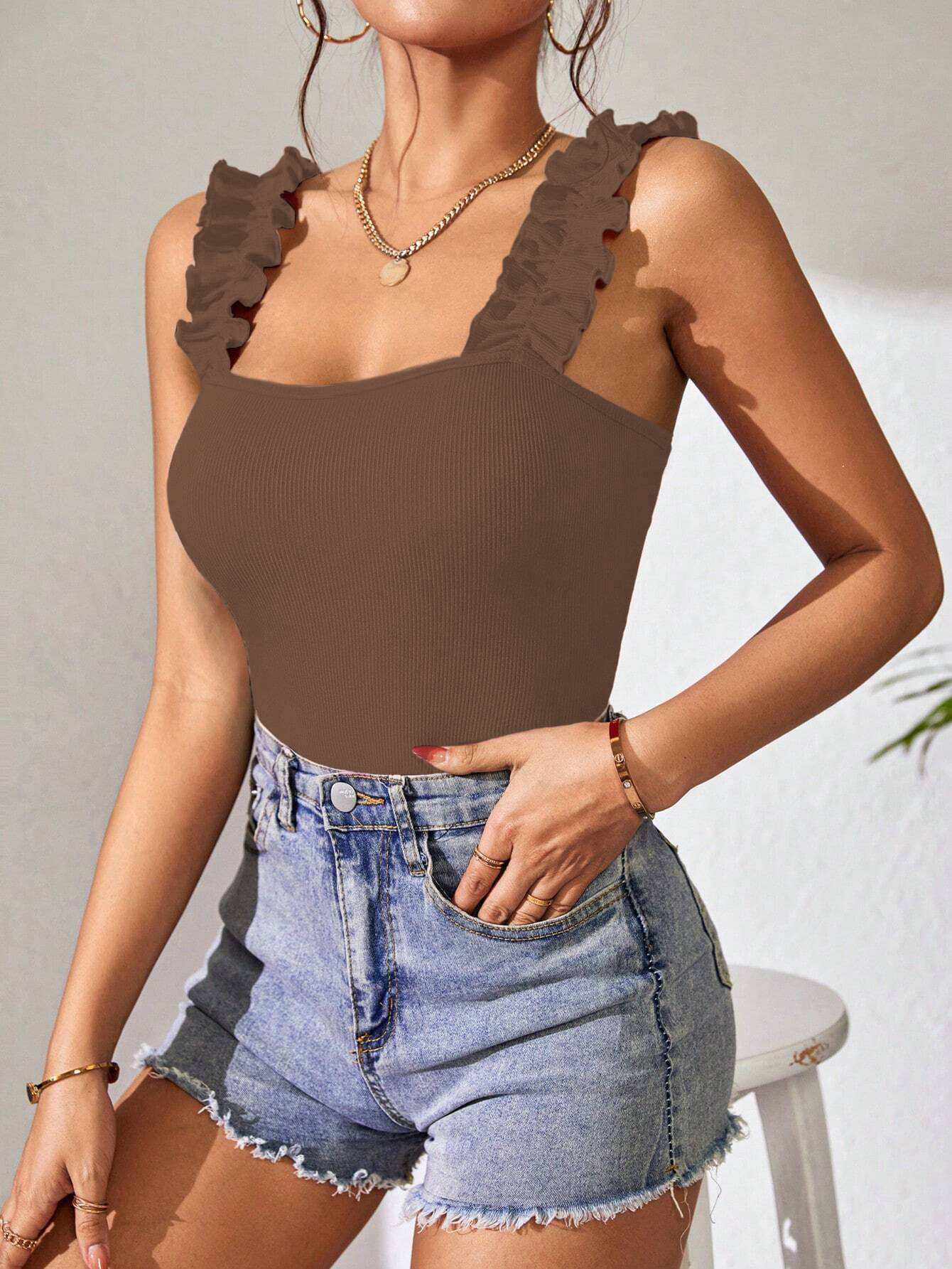 133g Weight Sleeveless Sleeve Length Spandex, Polyester Fabric Type Mid Waist Waist Line Rompers Pants Type Stretchy Elasticity Bodysuits Tops Type Holiday, Daily Occasion Skinny Fit Type Solid Color Pattern Summer Season Women's Gender Ruffles Design Sexy, Streetwear Style Wholesale Women's Sexy Streetwear Solid Color Sleeveless Ruffles Bodysuits 13