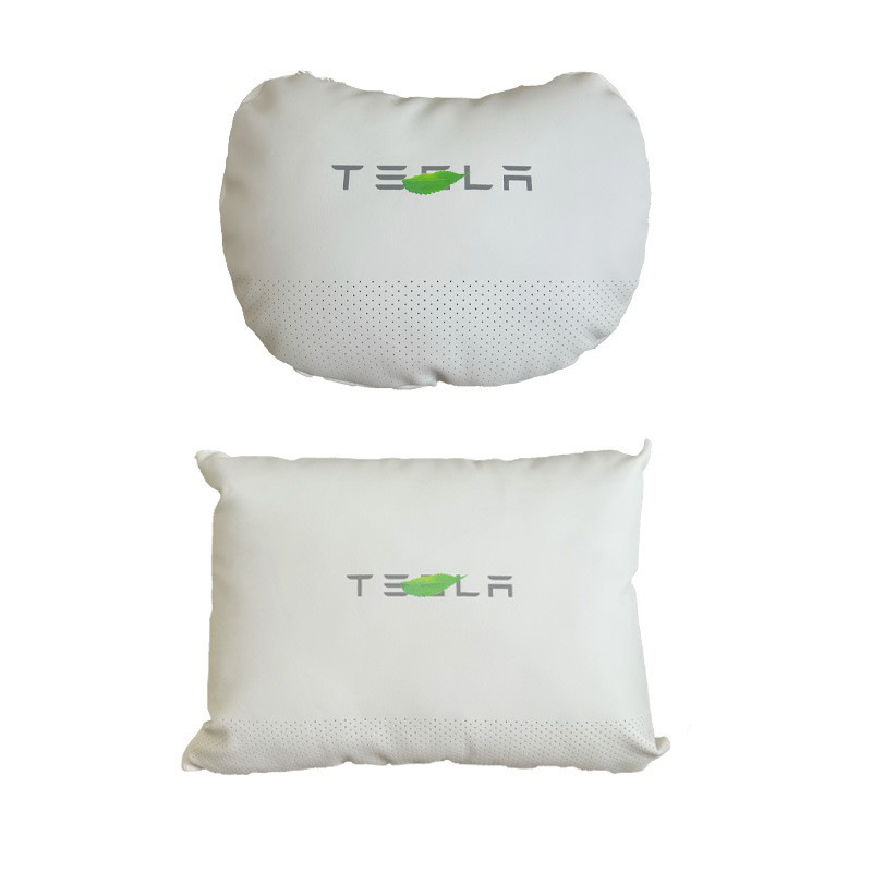 Car Interior Neck Pillow | Tesla Headrest - white-heart-shaped-headrest-lumbar-support-perforated-breathable-logo-pair-tesla-modely3