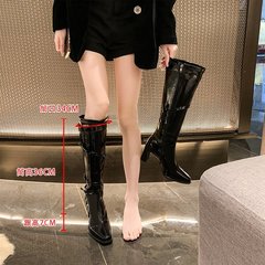 巨美~白色粗跟机车骑士靴女英伦法式皮带扣增高瘦瘦长筒时装靴女