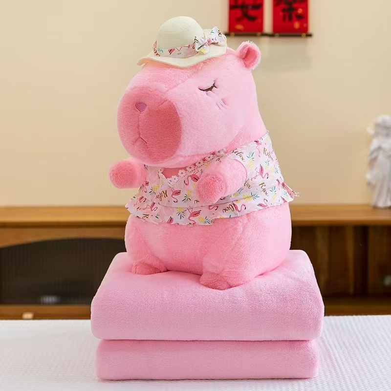 Caricatura capibara almohada manta dos en uno Carpibara cojín aire acondicionado es de doble uso niños siesta manta regalo