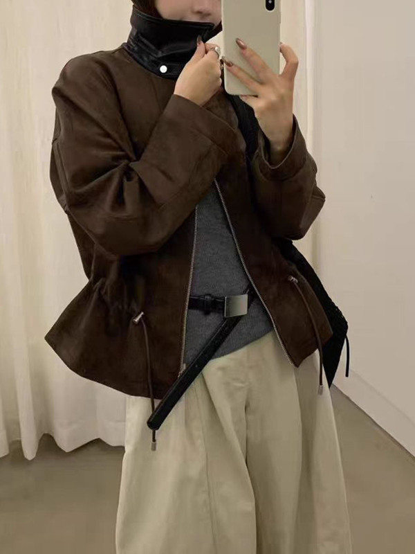 撞色拼接麂皮绒短外套女2025秋季新款宽松百搭小个子夹克上衣|undefined