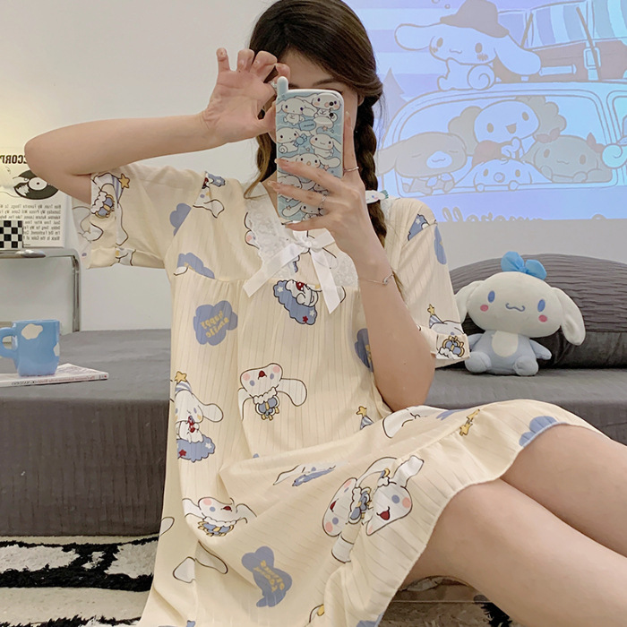 Comercio exterior transfronterizo pijama de mujer de verano de mangas cortas de seda de leche encaje lindo dibujos animados pijama de estudiantes ropa delgada