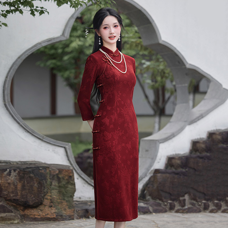 红色国风中式苏州长款秋季长袖旗袍改良年轻款女复古修身收腰春秋|undefined