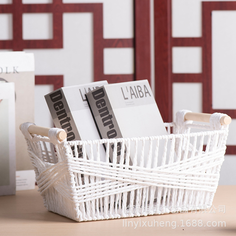 Cestas de almacenamiento de cuerda de papel cestas de almacenamiento de escritorio domésticas bocadillos cosméticos mesa de té control remoto tejido cesta de almacenamiento