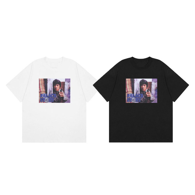 Trendy Brand Palace Movie Character Jackie Chan Collaboration Triangular Logo Print Loose Summer Short-Sleeve T-Shirt