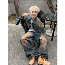 美式黄泥色牛仔外套男 高级感欧美街头男生春秋复古做旧垫肩上衣