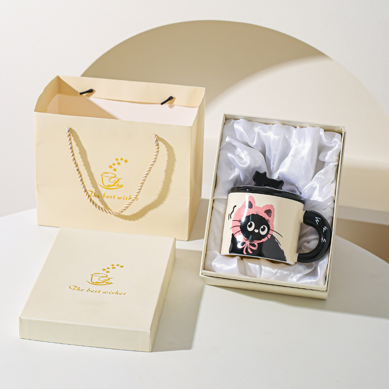 Cute gato gato taza de oficina taza de cerámica con taza de agua cubierta regalo pareja acompañante caja de regalo creativa de cumpleaños