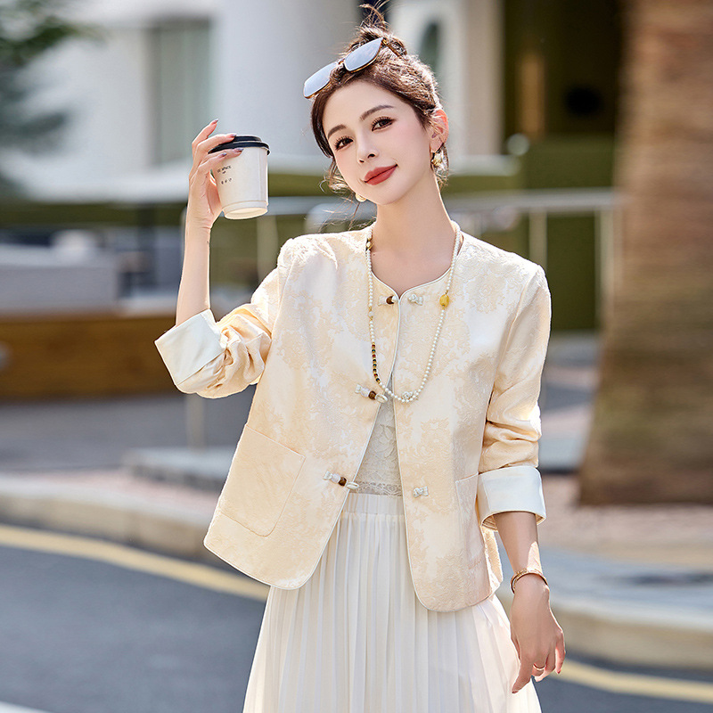 Spring 2025 New Women's Clothing New Chinese Style National Style Jacquard Round Neck Single Breasted Elegant Fashion Short Coat YB8862