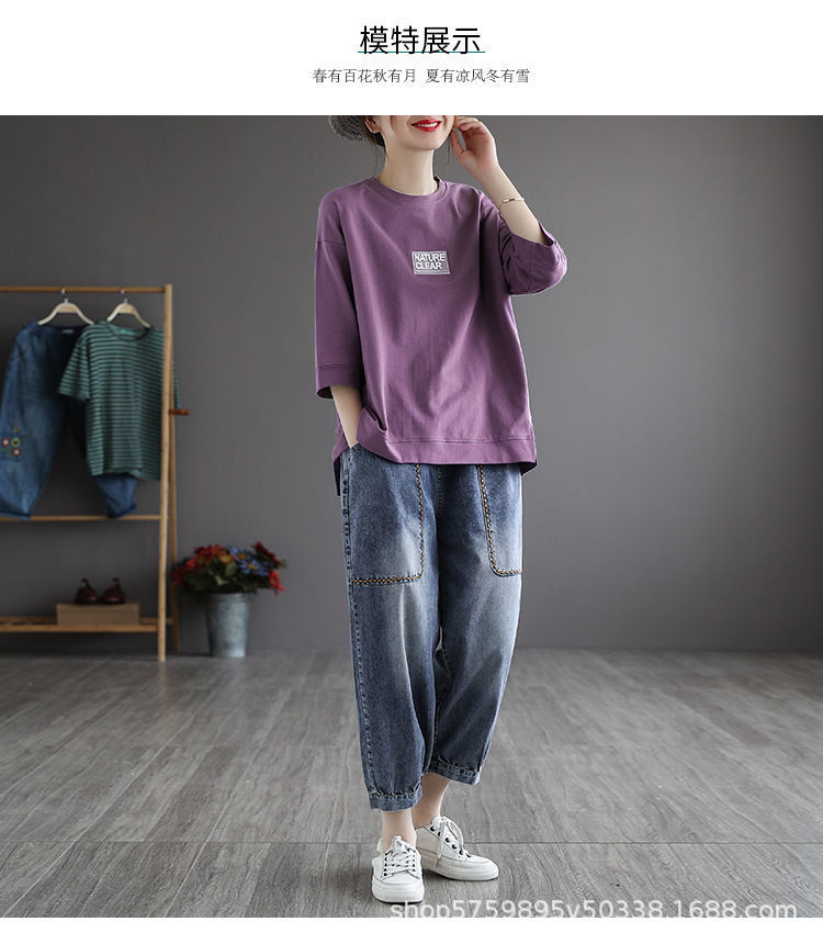 2022年春夏季大码女装紫色短袖T恤时尚贴标休闲复古上衣宽松显瘦详情1