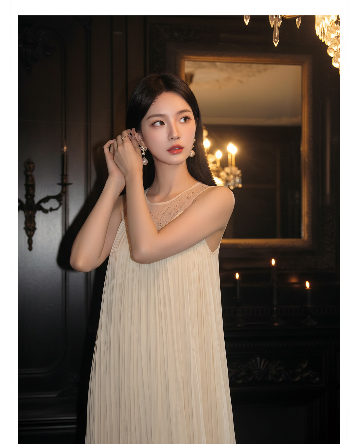 Đầm maxi nữ thắt eo không tay, cổ tròn, phối ren và vải lưới đính đá, tay áo xếp ly bồng — màu nâu, màu mơ chi tiết 6