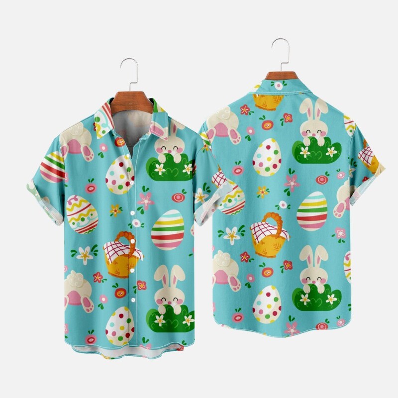 2024 cross-border foreign trade new shirt Easter element 3D digital printing men's fashion beach shirt