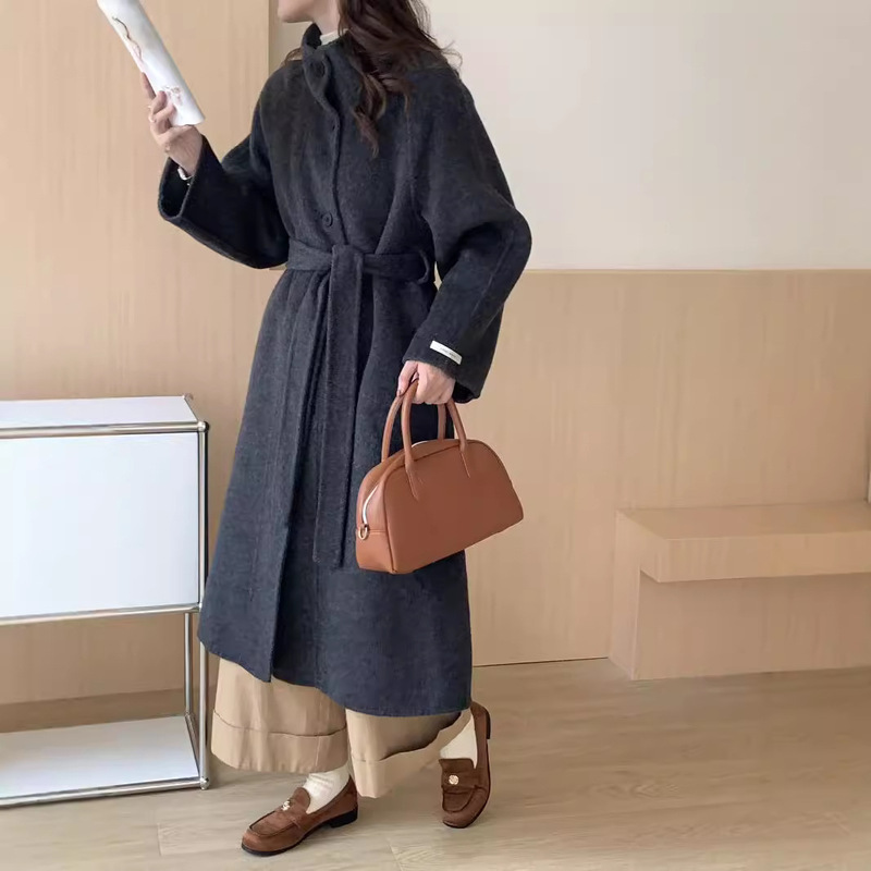 Korean Style Stand-Up Collar Single-Breasted Lace-Up Double-Sided Wool Outwear for Women 2025 Autumn and Winter Long Thickeneded Loose Outwear Korean Style Stand-Up Collar Single-Breasted Lace-Up Double-Sided Wool Outwear for Women 2025 Autumn and Winter Long Thickeneded Loose Outwear